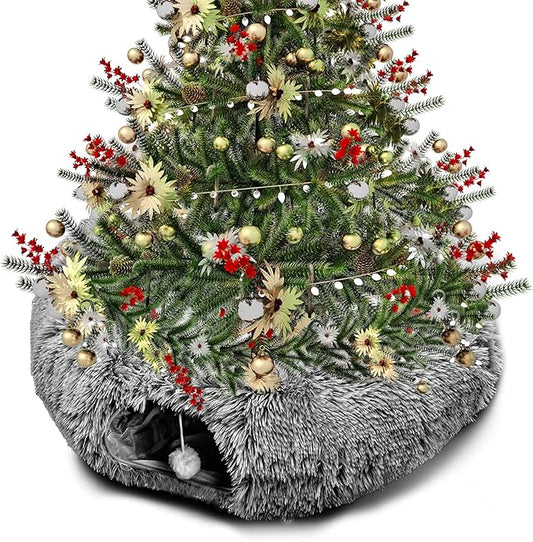 Cat Tunnel Bed for Indoor Cats, Peekaboo Cat Cave with Washable Soft Play Mat, Furry Cat Tube, for Kitten/Puppy/Rabbit, Black