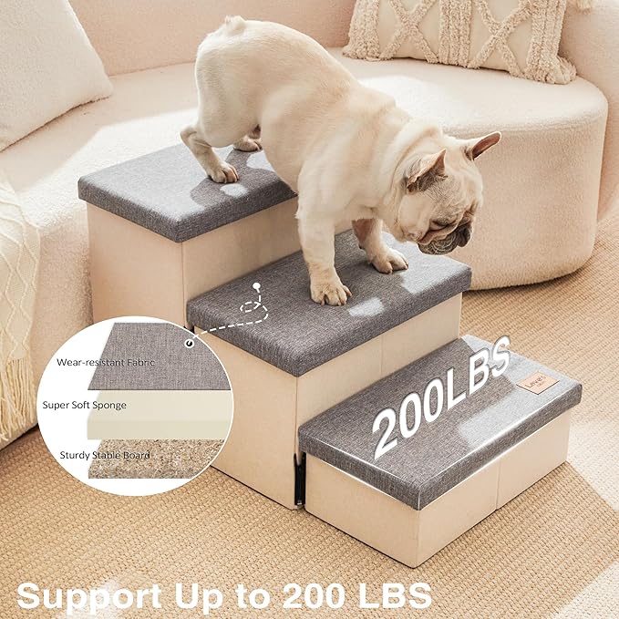 Love's cabin Dog Stairs for High Bed 18"H,Foldable Pet Stairs for Small Medium or Large Dogs Puppy with Storage for Bed or Couch, Cat Dog Steps Ramp with Zip up to 200 lbs(Light Grey,3 Steps no Condo)