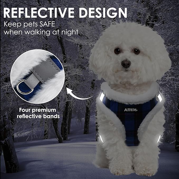 AIITLE Plush Reflective Dog Harness and Leash Set - Plaid Pattern, Warm, Soft, No-Pull, Secure with Hook & Loop Fastener, Adjustable with Padded Interior for Small Dogs (Blue, XXS)