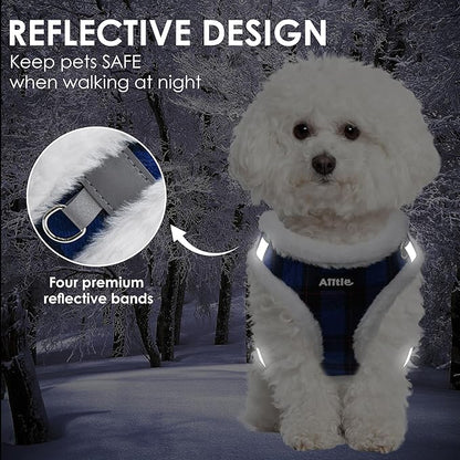 AIITLE Plush Reflective Dog Harness and Leash Set - Plaid Pattern, Warm, Soft, No-Pull, Secure with Hook & Loop Fastener, Adjustable with Padded Interior for Small Dogs (Blue, XXS)