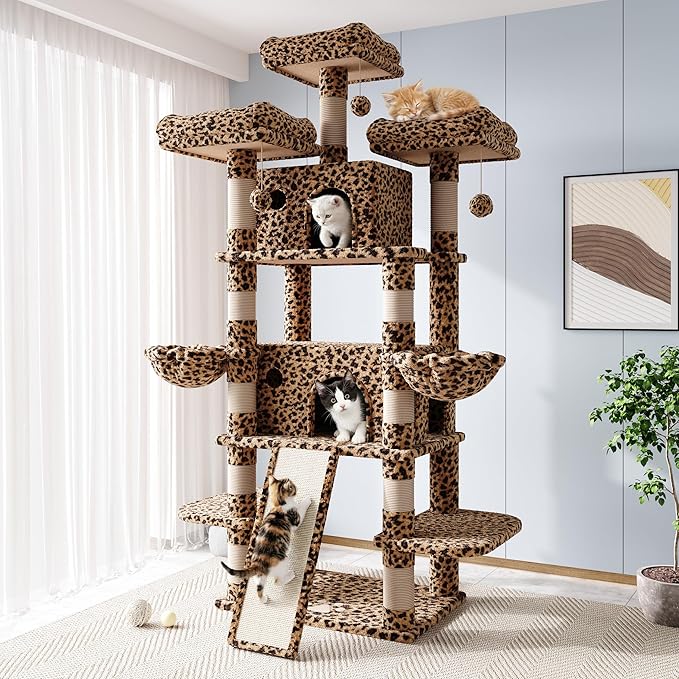Allewie 82 Inches Large Cat Tree/House/XXL Tall Cat Towers for Big Feline/Scratching Post/Multi-Level Large Kitty Climbing Tree with Condo/Leopard Print