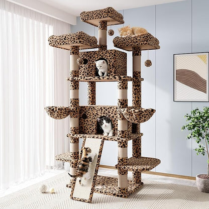 Allewie 82 Inches Large Cat Tree/House/XXL Tall Cat Towers for Big Feline/Scratching Post/Multi-Level Large Kitty Climbing Tree with Condo/Leopard Print