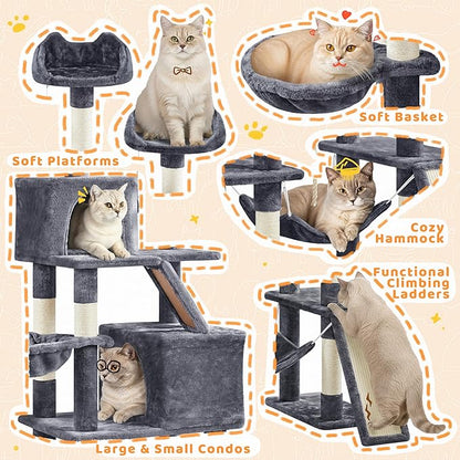 Yaheetech Cat Tree, 82.5in Large Tower w/Hammock, 2 Kitty-Ear Perches, 2 Cozy Condos, Scratching Posts, Basket, Furniture for Large Cats, Kittens, Dark Gray