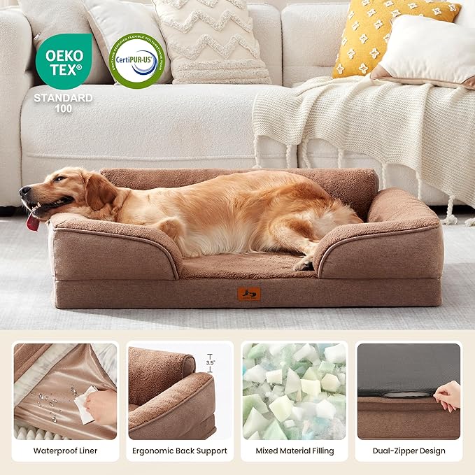 XL Orthopedic Dog Beds for Large Dogs, Waterproof Egg-Crate Foam Pet Couch Bed with Soft Sides, Non-Slip Dog Sofa with Fleece Removable Washable Cover, 42" L Supportive Pet Sofa, Brown