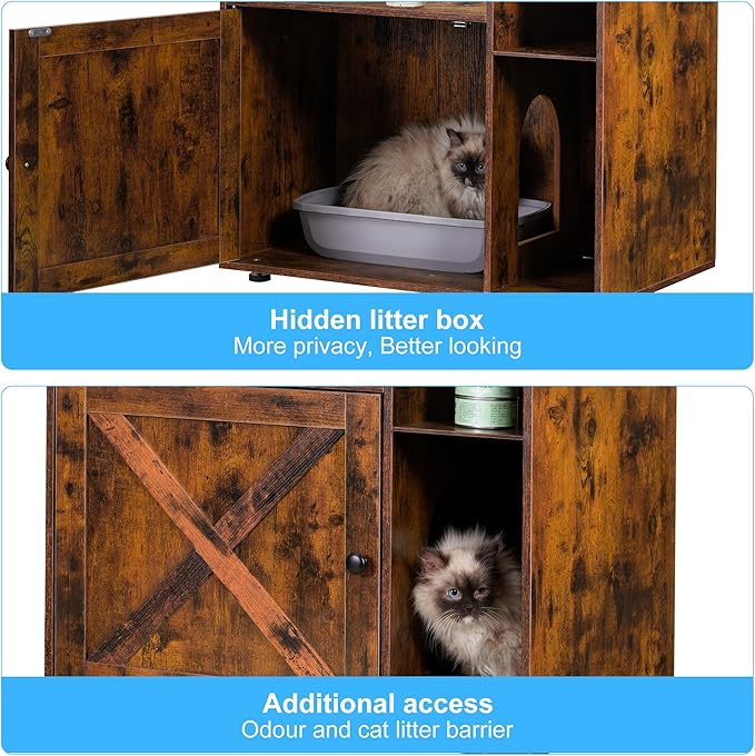 Hey-brother Cat Tree with Litter Box Enclosure, Modern Cat Tower for Indoor Cats with Large Platform, Condo Food Station and 2 Hammocks, All-in-one Cat Furniture, Wood Rustic Brown MPJ115SR