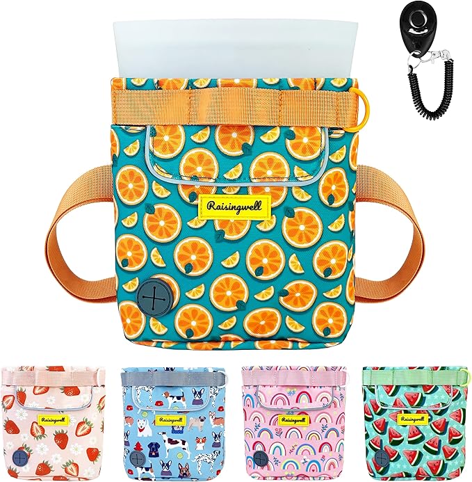 Dog Treat Pouch for Pet Walking and Training with Clicker 2 Cup Silicone Bag Small Fanny Pack Holder for Puppy Snack Dispenser Kit for Leash and Outdoor Use (Fruit Orange)