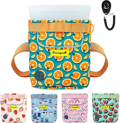 Dog Treat Pouch for Pet Walking and Training with Clicker 2 Cup Silicone Bag Small Fanny Pack Holder for Puppy Snack Dispenser Kit for Leash and Outdoor Use (Fruit Orange)