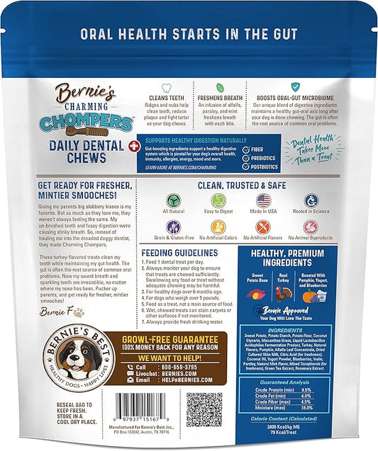 Bernie's Charming Chompers - Daily Dental Chews for Dogs 26-50 Lbs. - 18 Count - Cleans Teeth, Freshens Breath, + Boosts Oral-Gut Microbiome. Easy to Digest, Supports Healthy Digestion Naturally