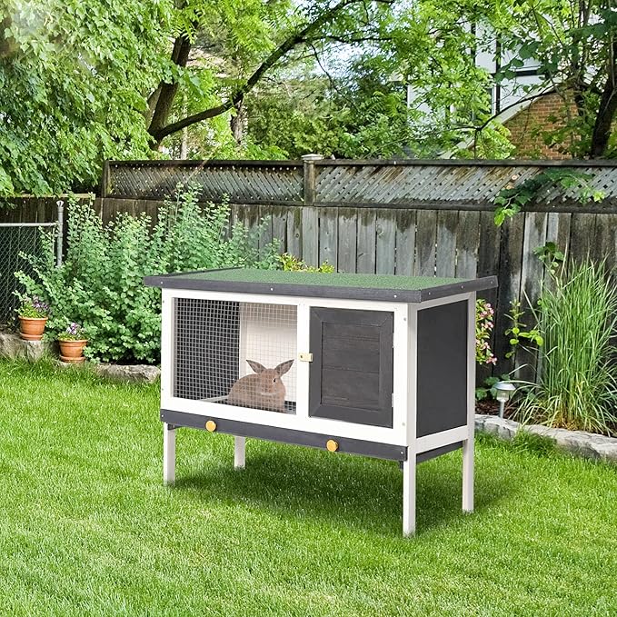 Rabbit Hutch Outdoor Indoor, Wooden Bunny Cage with Removable Tray & Waterproof Roof, 35.5” Small Animal House for Rabbits, Guinea Pigs, Chinchillas