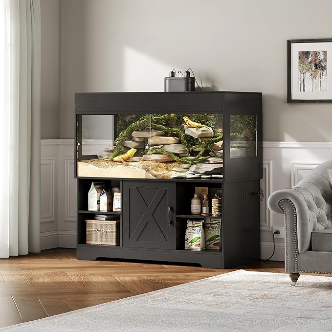 Herture 120 Gallon Reptile Tank with Stand, 4x2x2 Terrarium Enclosure for Bearded Dragons, Snakes, Lizards – Sliding Acrylic Doors, Mesh Top, Storage Cabinet, Built-in Power Outlet Black PX01RTB