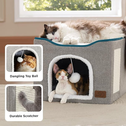 Bedsure Cat Beds for Indoor Cats - Large Cat Cave for Pet Cat House with Fluffy Ball Hanging and Scratch Pad, Foldable Cat Hideaway, 16.5x16.5x13 inches, Blue