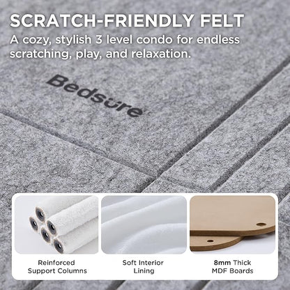 Bedsure 3-Level Indoor Cat Bed- Cat Condos Small Cat Tree for Multiple Kitties to Play Sleep,Hideaway Cave, Fluffy Ball, Scratching Post, 22.5x31.5x13, Grey