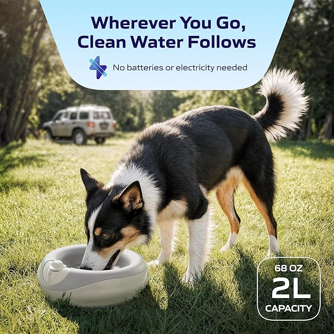 TORUS Filtered Portable Dog Water Dispenser [Upgraded 2025], 2L / 68oz, Automatic Pet Water Dispenser Noise-Free No Spill Water Bowl for Dogs, No Power Needed, Ideal for Medium & Large Pets