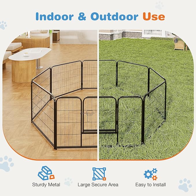 FansaFurn 24" Heavy Duty 8-Panel Metal Dog Playpen with Door - Indoor/Outdoor Pet Exercise Pen for Puppies, Small, Medium & Large Dogs, Rabbits - Ideal for Camping, Yard & Garden Use