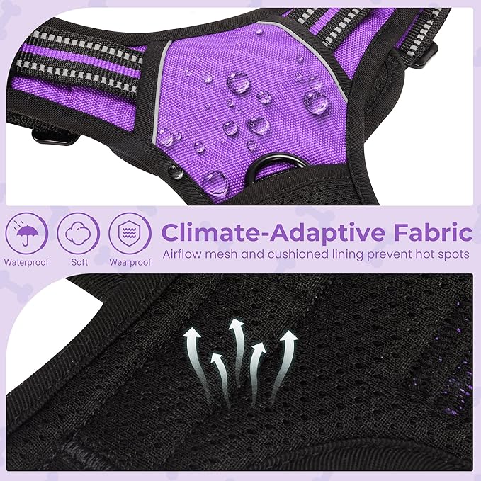 Funfox Dog Harness No Pull, Adjustable Pet Vest Harness Purple S with Handle, 2 Leash Clips for Daily Walking Easy Control, Soft Durable Reflective Comfortable for Small Sized Dogs
