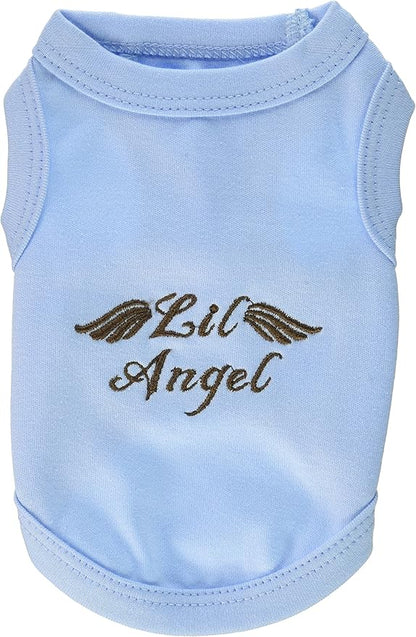 Parisian Pet Dog Tshirt - Embroidered “ Lil Angel “ Tee Shirt - Pure Cotton and Lightweight Tank Top - Sleeveless Pet Vest - Machine Washable Blue Shirts for Small Dogs - XXS