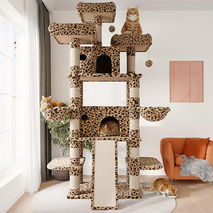 SHA CERLIN 81 Inches Extra Large Cat Tree for Indoor Adult Cats/XXL Big Cat Tower with Condo/Cozy Perches/Sisal Scratching Posts and Hammocks/Activity Center/F80/Heavy Duty/Leopard Print