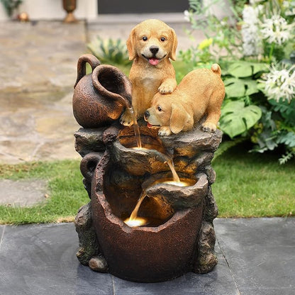 LuxenHome Outdoor Water Fountain, 25 Inch Puppy and Pitchers Pot Resin Water Fountains Indoor with LED Lights, Farmhouse Waterfall Outdoor, Indoor Fountains and Waterfalls for Patio, Garden Decor