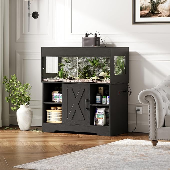 Herture 40 Gallon Reptile Terrarium Tank with Storage Cabinet, Reptile Tank with Stand, for Leopard Geckos, Corn Snakes, Juvenile Pets, Sliding Acrylic Doors, Mesh Top, Power Outlet, Black PX03RTB