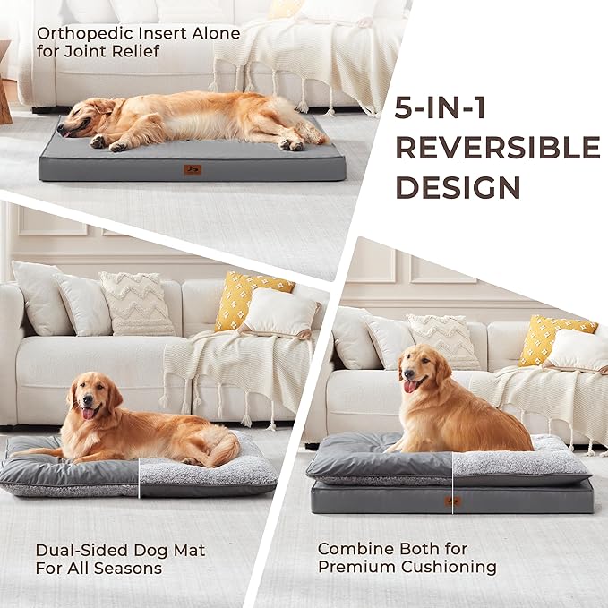 Washable Dog Bed for Medium Large Size Dog, Plush Pillow Pet Bed with Cooling Leather Egg-Crate Foam Base, Waterproof Kennel Bed with Removable Cover, 36" x 27" Comfort Cushion Bed, Dark Grey