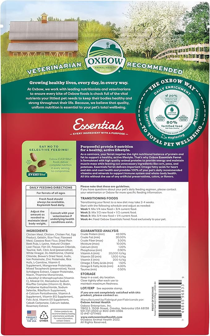 Oxbow Essentials Ferret Food, Vitamin & Mineral Rich Formula for Ferret, High Protein Food & High Fat, Small Animal Pet Products, Oxbow, Made in USA, 4 lb Bag