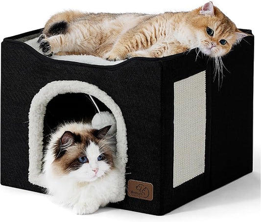 Bedsure Cat Beds for Indoor Cats - Large Cat Cave for Pet Cat House with Fluffy Ball Hanging and Scratch Pad, Foldable Cat Hideaway, 16.5x16.5x13 inches, Black