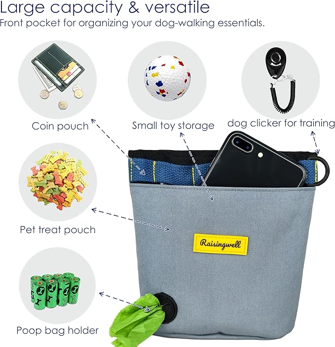 Dog Treat Pouch for Pet Walking and Training with Clicker 2 Cup Silicone Bag Small Fanny Pack Holder for Puppy Snack Dispenser Kit for Leash and Outdoor Use (Gray)