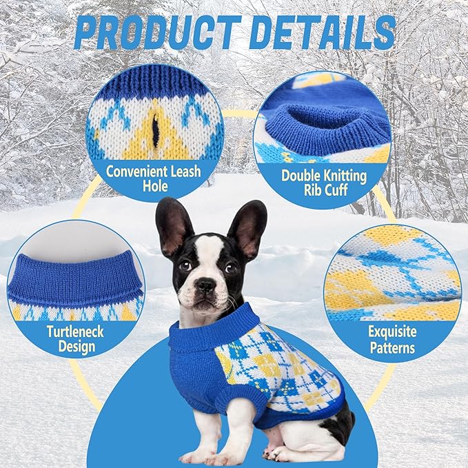 Dog Sweater, Soft Dog Sweaters for Small Medium Dogs Cats Girl Boy, Classic Knitted Turtleneck Outdoor Pet Clothes for Dogs Girl Boy, Small Puppy Kitten Sweater with Leash Hole, Blue, Medium