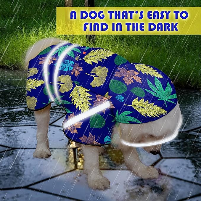 Dog Raincoat, Adjustable Rain Jacket with Hooded Double Layer for Large Medium Small Dogs Puppies, Lightweight Waterproof Rain Coat Poncho with Reflective Stripe Leaf Blue,M