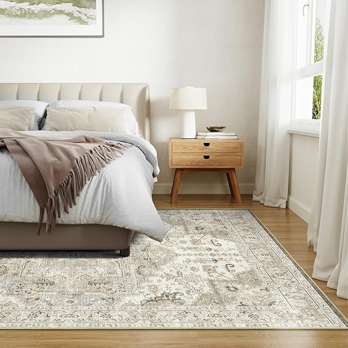 9x12 Area Rugs for Living Room, Machine Washable Non Slip Vintage Rug, Non-Slip Stain Resistant, Large Soft Home Decor Rug for Bedroom Dining Room (Brown/Ivory,9'x12')