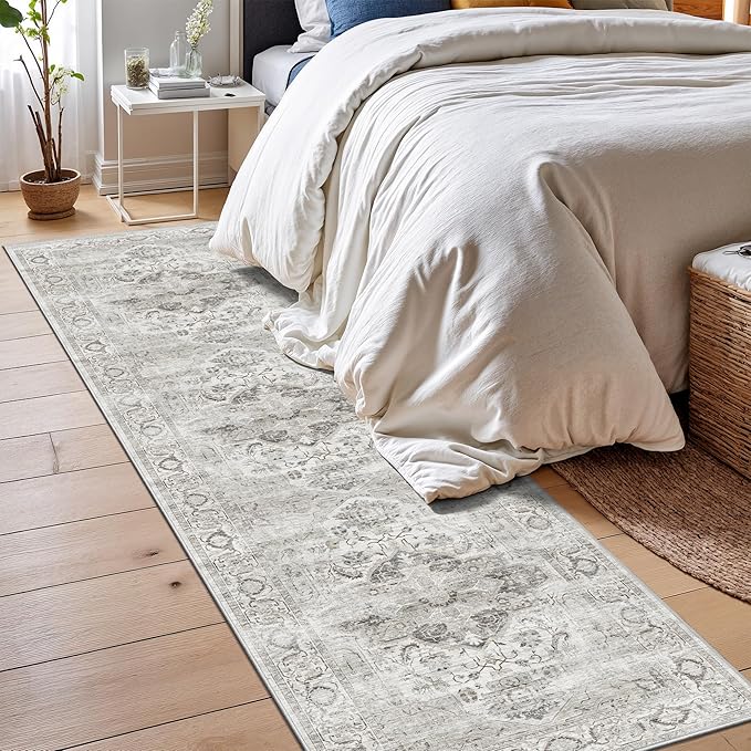 2x8 Washable Hallway Runner Rug - Kitchen Rugs with Non Slip Backing Vintage Soft Farmhouse Entryway Mat for Living Room Laundry Bedroom Bathroom Ivory/Gray
