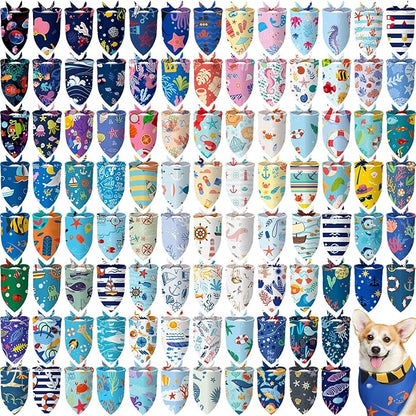 Huhumy 100 Pcs Ocean Dog Bandanas Bulk Pet Bibs Colorful Triangle Pet Ocean Scarf Bandanas for Medium Large Dogs Birthday Summer Beach Holiday Costume Decor