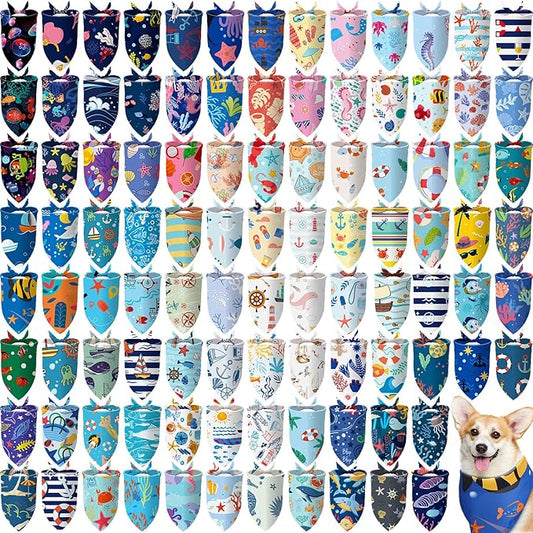 150 Pcs Ocean Dog Bandanas Bulk Summer Pet Bibs Triangle Ocean Themed Pet Scarf Bandanas for Medium Large Dogs Birthday Summer Beach Costume Decoration