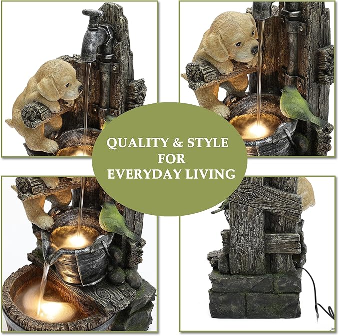 LuxenHome Water Fountain Outdoor, 25" Whimsical Puppy Dog Resin Outdoor Water Fountain with LED Lights, Decorative Garden Waterfall Fountains Indoor and Outdoor for Patio, Garden Decor