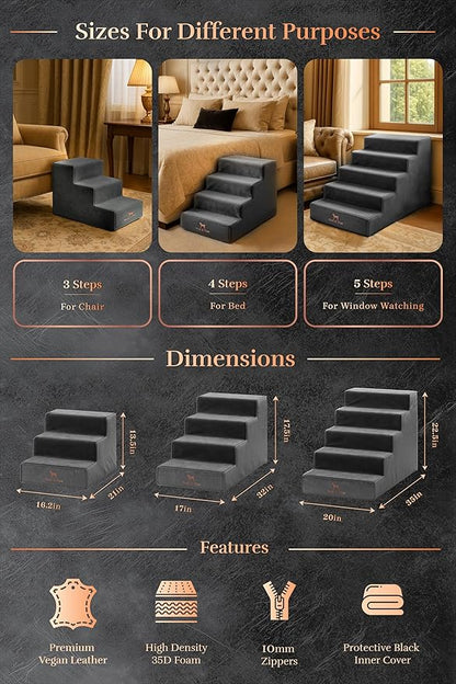 Noah & Paw Dog Stairs, Dog Ramp for Bed (20" Extra Wide) Pet Stairs for High Bed, Design to Fit Small and Large Breeds, Durable 5 Pet Steps for Couch (35 Foam Density) Leather Collection