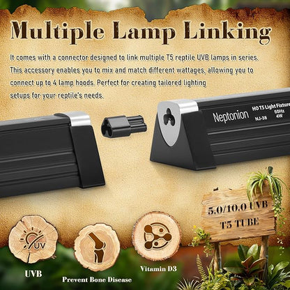 NEPTONION T5 Reptile UVB Light 6.5 Inches Fixture with UVB 5.0 Bulb High Output Hood for Terrariums, Basking Reptiles, Lizards, Chameleons, Iguanas, Bearded Dragons, 4W