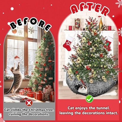 Cat Tunnel Bed for Indoor Cats, Peekaboo Cat Cave with Washable Soft Play Mat, Furry Cat Tube, for Kitten/Puppy/Rabbit, Black