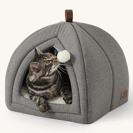 Bedsure Cat Beds for Indoor - 2 in 1 Cat Cave House Tent for Kittens and Small Pets with Removable Washable Cushioned Pillow, Foldable Kitten Hideaway with Non-Slip Bottom, Grey, 16 inches