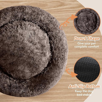 JOLLYVOGUE Small Dog & Cat Beds for Indoor Cats, Donut Cuddler Warming Soft Dog Beds with Anti-Slip Bottom, Round Calming Fluffy Plush Faux Fur Cushion Bed for Small Dogs (20")