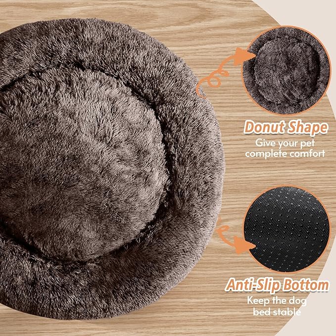 JOLLYVOGUE Small Dog & Cat Beds for Indoor Cats, Donut Cuddler Warming Soft Dog Beds with Anti-Slip Bottom, Round Calming Fluffy Plush Faux Fur Cushion Bed for Small Dogs (23")