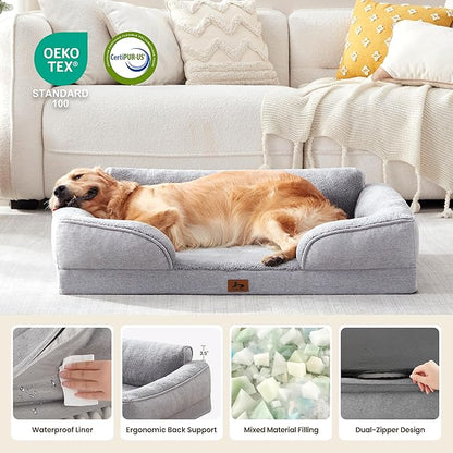 XL Orthopedic Dog Beds for Large Dogs, Waterproof Egg-Crate Foam Pet Couch Bed with Soft Sides, Non-Slip Dog Sofa with Fleece Removable Washable Cover, 42" L Supportive Pet Sofa, Light Grey