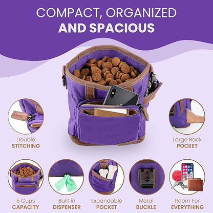 BEAU&FUR Large Dog Treat Pouch with Clicker for Training – 4 Cup Capacity, Built-In Poop Bag Dispenser, Expandable Pocket, Metal Buckle, Large Back Pocket, Ideal Design for Walks and Training – Purple