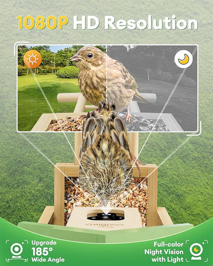 Wooden Smart Bird Feeder with Camera, 1080P HD Video Bird Feeders with Solar Powered, AI Birds ID for 10,000+ Species, IP65 Waterproof, WiFi Birdhouse Camera for Birds Watching Gifts