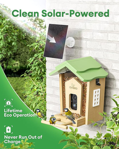 Wooden Smart Bird Feeder with Camera, 1080P HD Video Bird Feeders with Solar Powered, AI Birds ID for 10,000+ Species, IP65 Waterproof, WiFi Birdhouse Camera for Birds Watching Gifts