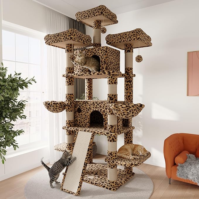 SHA CERLIN 81 Inches Extra Large Cat Tree for Indoor Adult Cats/XXL Big Cat Tower with Condo/Cozy Perches/Sisal Scratching Posts and Hammocks/Activity Center/F80/Heavy Duty/Leopard Print