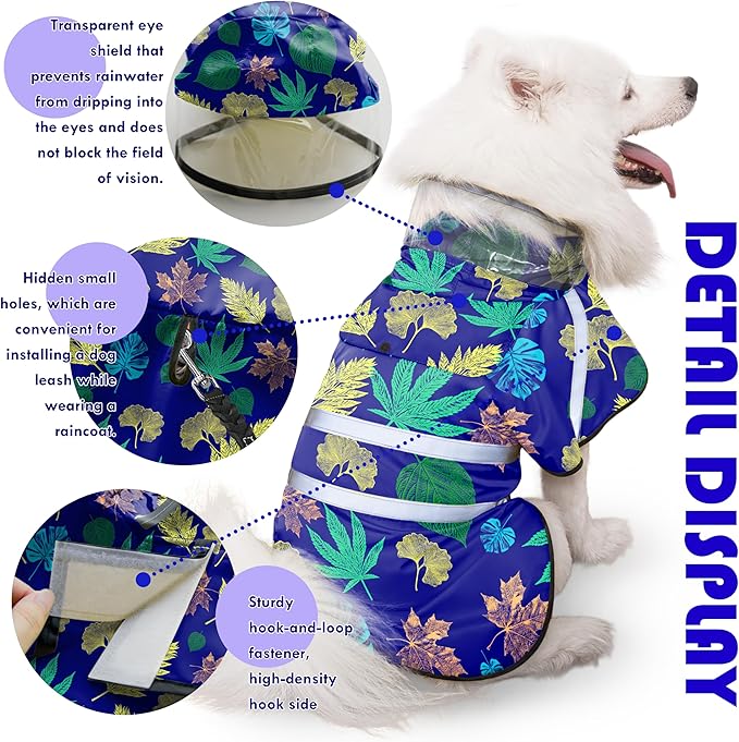 Dog Raincoat, Adjustable Rain Jacket with Hooded Double Layer for Large Medium Small Dogs Puppies, Lightweight Waterproof Rain Coat Poncho with Reflective Stripe Leaf Blue,M