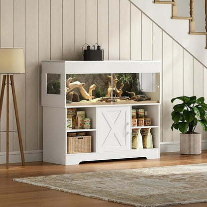 Herture 60 Gallon Reptile Tank with Stand, Terrarium Tank with Storage Cabinet, for Lizards, Skinks, Snakes, Sliding Acrylic Doors, Mesh Top, Built-in Power Outlet White PX02RTW