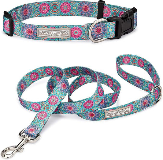 Lucky Love Dog, Boho Chic Matching Dog Collar and Leash Set, Vivid Pink and Turquoise Collar and Leash for Dogs, Soft, Adjustable, Safe for Training and Walking - (X-Small, Clara Combo)