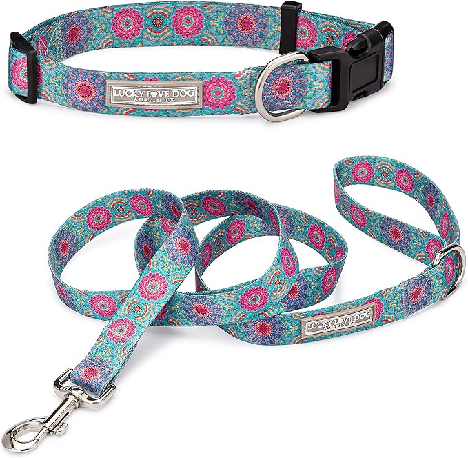 Lucky Love Dog, Boho Chic Matching Dog Collar and Leash Set, Vivid Pink and Turquoise Collar and Leash for Dogs, Soft, Adjustable, Safe for Training and Walking - (Large, Clara Combo)