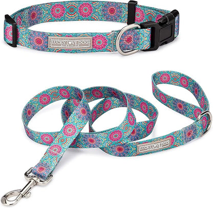 Lucky Love Dog, Boho Chic Matching Dog Collar and Leash Set, Vivid Pink and Turquoise Collar and Leash for Dogs, Soft, Adjustable, Safe for Training and Walking - (Large, Clara Combo)